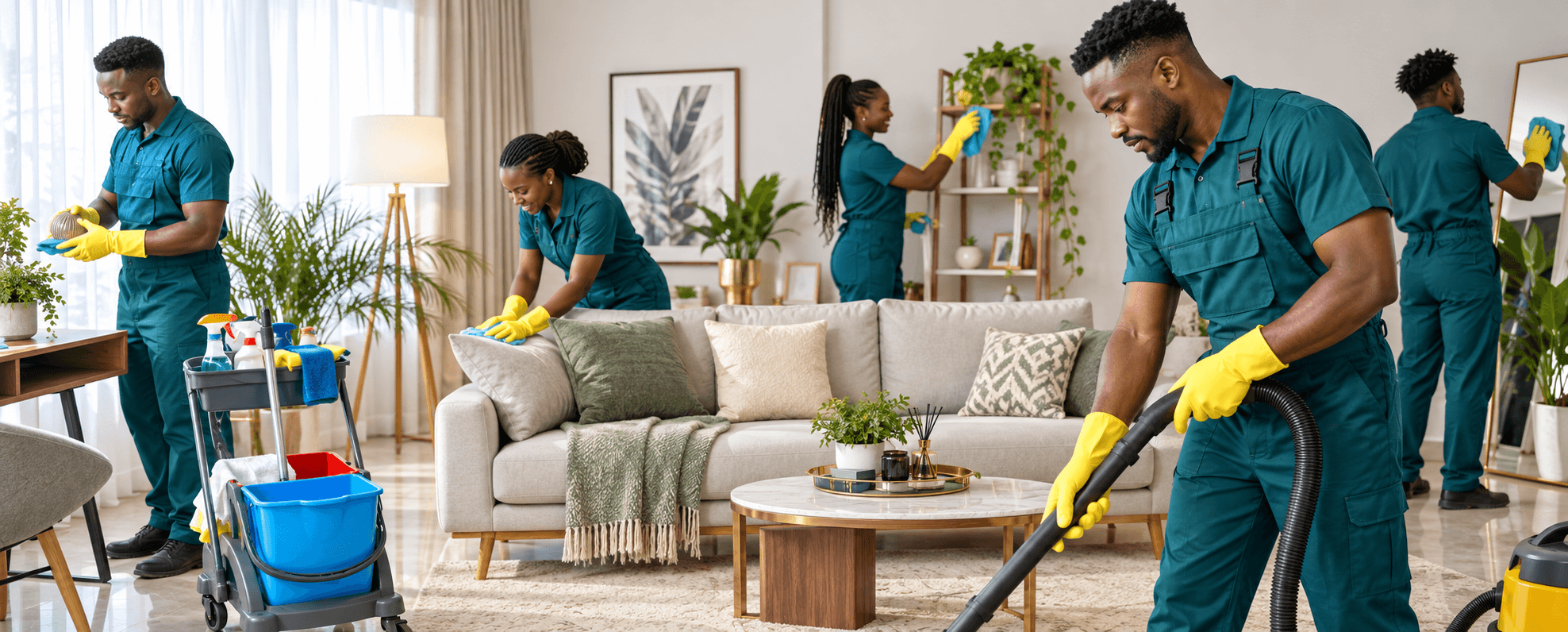 Cleaning staff working together in a guest-ready interior