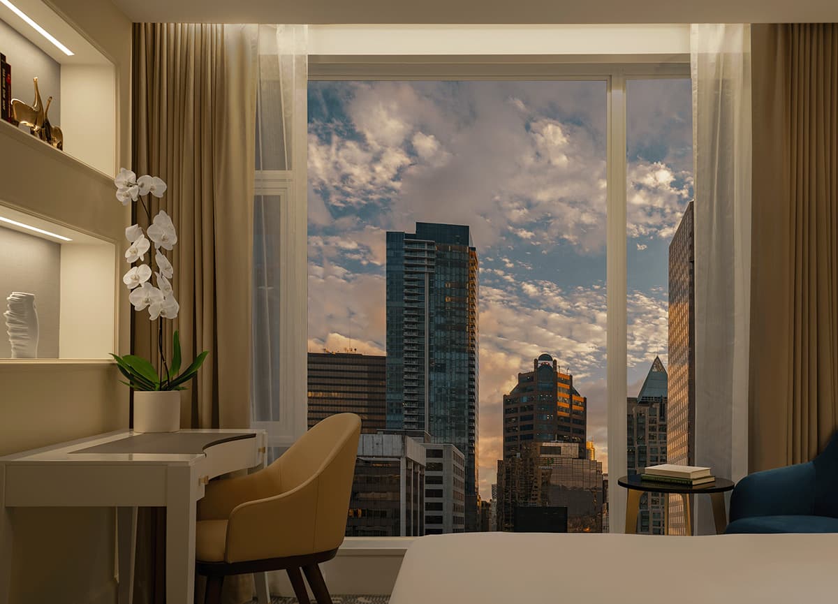 Private event interior with city-facing hospitality setting